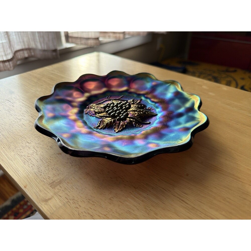 Antique Imperial Heavy Grape Amethyst Carnival Glass 8in Plate 1910s Purple